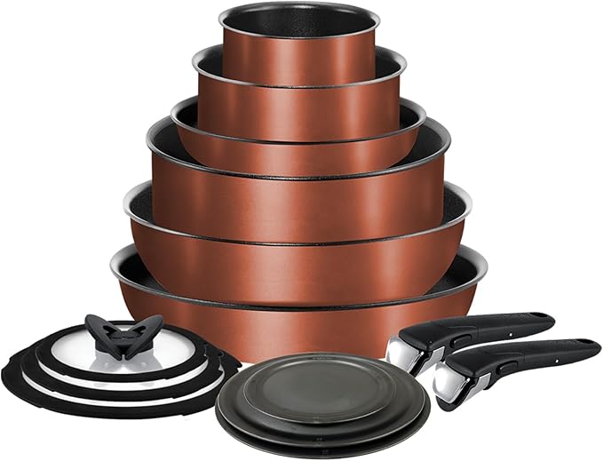 T-fal Ingenio Expertise Non Stick Cookware Set 14 Piece Induction Oven Broiler Safe 500F Stackable Pots and Pans RV Camping Fry Pans Dishwasher Safe Detachable/Removable Handle Copper