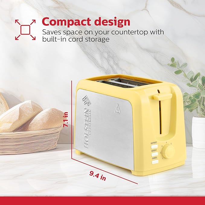 Holstein Housewares 2-Slice Toaster with 7 Browning Settings Extra-Wide Slots Reheat Defrost Cancel High-Lift Release Removable Crumb Tray – Compact Stainless Steel Yellow