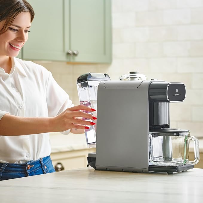 ChefWave Milkmade Soy Milk Maker (Silver/Black) 6-in-1 Vegan Plant-Based Milk Machine with Auto Clean and Delay Start Almond Oat Soy Cashew Coconut Macadamia Milk Maker with Nut Platter