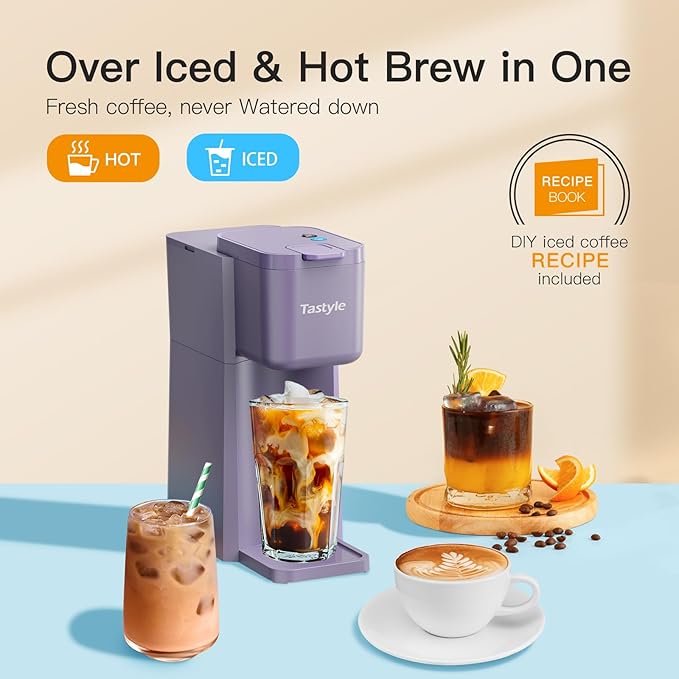 Mini Hot and Iced Coffee Maker Single Serve for K Cup and Ground 6 to 14 Oz Brew Sizes with Recipe Book for Home Travel RV Office and Dorm Violet