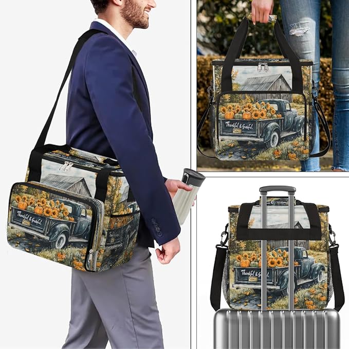 Wooden House Pumpkin Sunflower Truck Coffee Maker Carring Bag Travel Carrying Storage Tote Bag Compatible with Keurig K-Mini or K-Mini Plus Portable Single Serve Coffee Brewer Case with Pockets