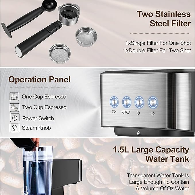 ZJchao Professional 15 Bar Machine 1050W Semi Automatic Coffee Maker with Milk Frother Steam Wand for Home Barista Quality Cappuccino Lattes Black ABS Stainless Steel 1.5L Water Tank (US Plug)