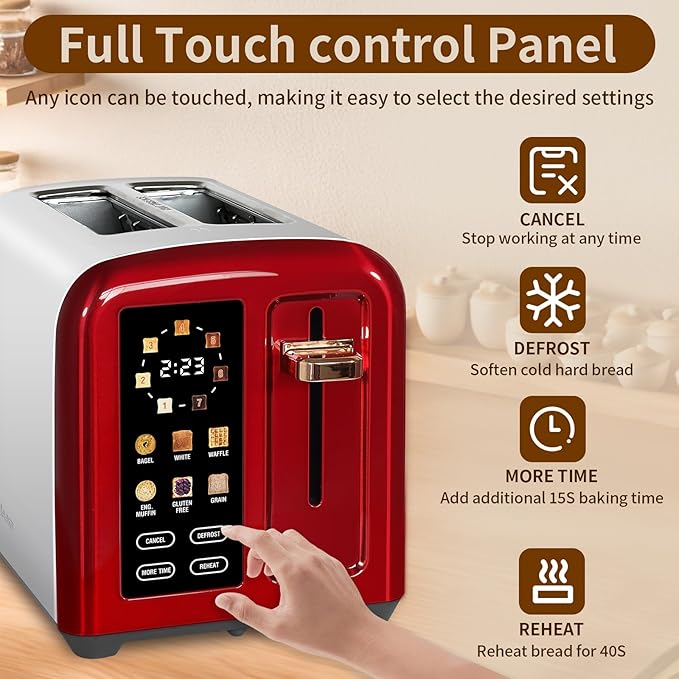 SEEDEEM Toaster 2 Slice Full Touch Control Stainless Toaster LCD Display 50% Faster Heating Speed 6 Bread Type 7 Shade Setting 1.5''Wide Slots Removable Crumb Tray 1350W Dark Cherry