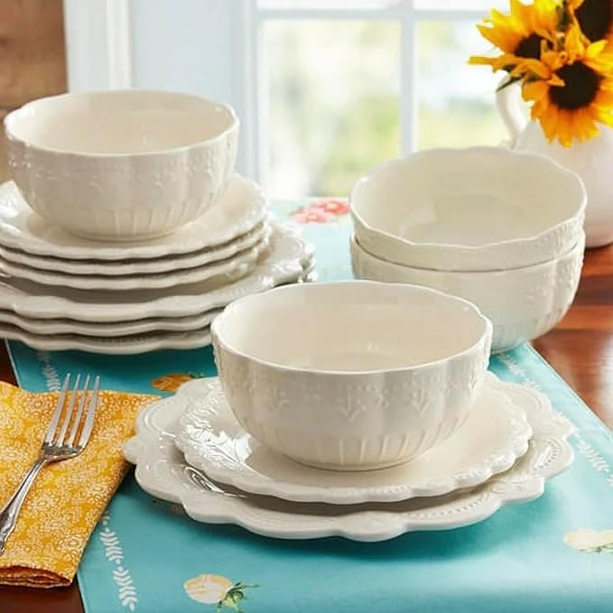 Gorgeous Durable Stoneware 12-Piece Plates &amp Bowls Dinnerware Set Linen