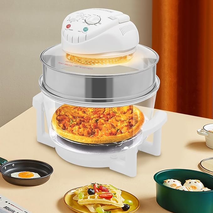 17Qt Portable Glass Air Fryer Convection Roaster Oven Turbo Electric Cooker Recipe 360° Heating Halogen Oven Countertop Stainless Steel Grill Prepare Quick Healthy Meals White