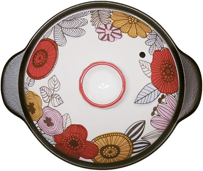 Suzuki 7223-0700 Rice Earthenware Pot 2 Cups Direct Fire Microwave Compatible Approx. 7.9 inches (20 cm) Thermatec Floral Pattern Anthurium Black