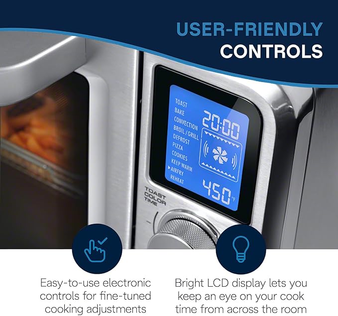 De'Longhi 10-in-1 Digital AirFryer 24L True Convection Toaster Oven with Internal Light Grills Broils Bakes Roasts Reheats Preset for Cookie &amp Pizza 1800-Watts Stainless Steel