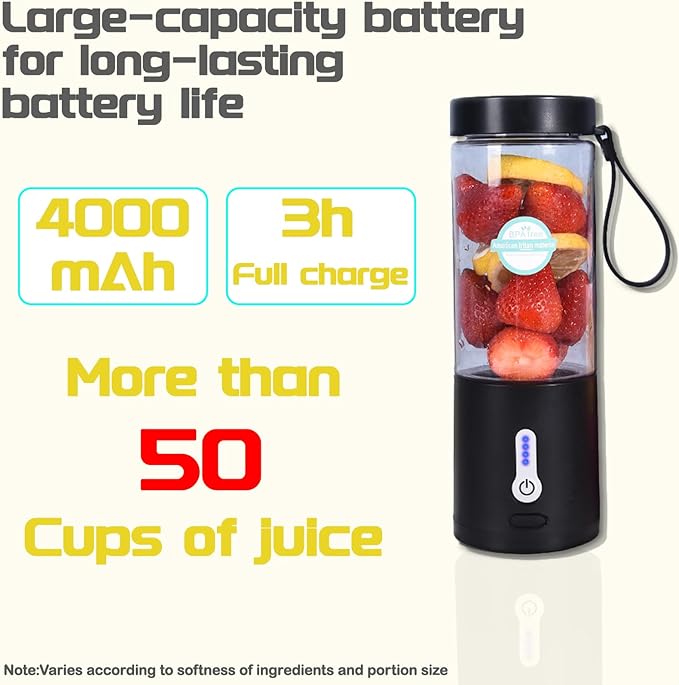 Portable Juicer Smoothie Blender USB Rechargeable Food Processor Fruit Mixer Machine Mini Juicer Blender Cup 530ML [Black]