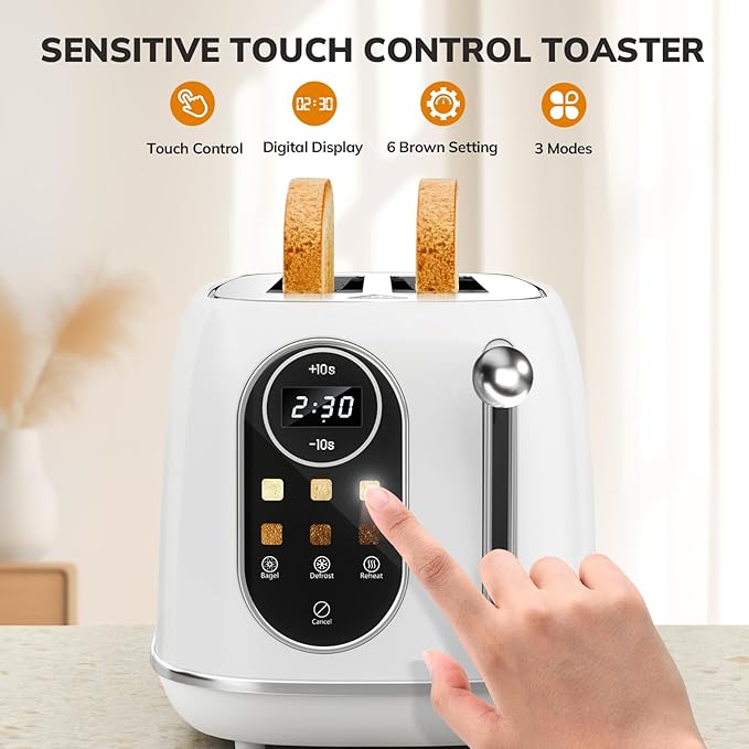 Keenstone Smart Touch Screen Toaster 2 Slice Retro Wide Slot Stainless Steel Toaster with 6 Browning Levels Reheat &amp Defrost for Bagel Toast Bread Removable Crumb Tray White