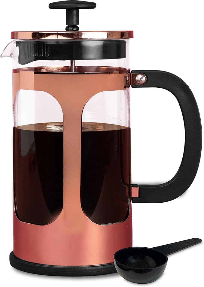 Farberware French Press Coffee Maker Tea &amp Espresso Maker Stainless Steel Cold Brew Press Heat-Resistant Borosilicate Glass BPA-Free Measuring Spoon Included 8 Cup Capacity (Rose Gold)