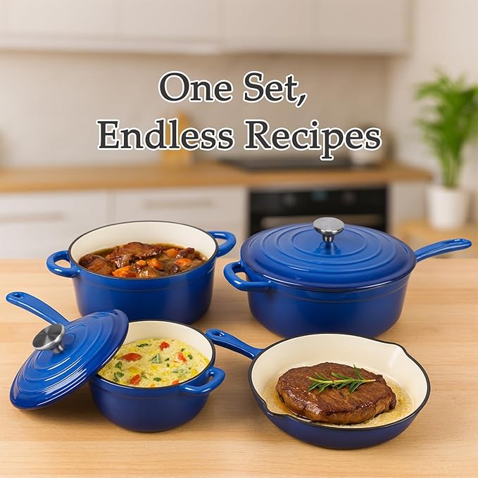 QuliMetal Nonstick Enameled Cast Iron Cookware Set 4-Pcs Pots and Pans with Lid Healthy Round Dutch Oven Pot for Sourdough Bread Baking Oven Safe up to 500° F or on All Stovetop