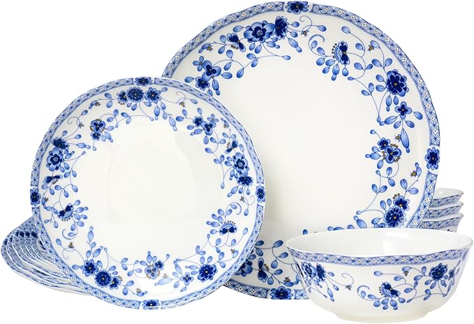 Fine Bone China Dinnerware Set 12-Piece Blue and White Porcelain Dinnerware Set Plates and Bowls Sets Service for 4(Blue A)