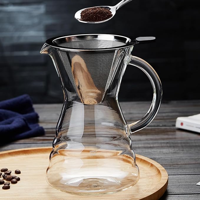 Unbreakable - Pour Over Coffee Maker with Permanent Stainless Filter 27 fl oz Thickened Heat-Resistant Borosilicate Glass Dripper Coffee Brewer Stovetop Safe
