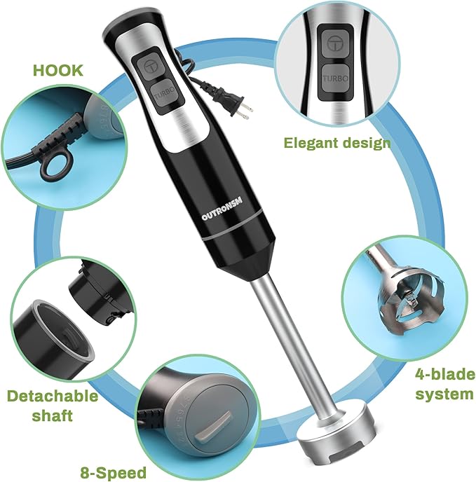 Immersion Blender Handheld OUTRONSM Hand Blender with 4-point thickened SS blades Milk Frother Egg Whisk for Coffee Milk Foam Puree Baby Food Smoothies Sauces and Soups – Black