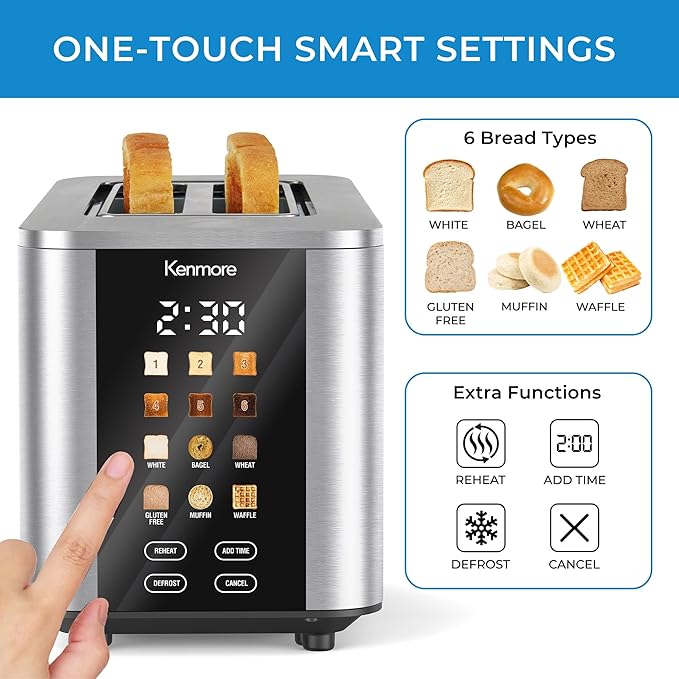 Kenmore 2-Slice Digital Touchscreen Toaster - 900W Stainless Steel Wide Slots 6 Shade Settings Bread Presets Countdown Timer Reheat &amp Defrost Functions Compact Countertop Design tostadora digi