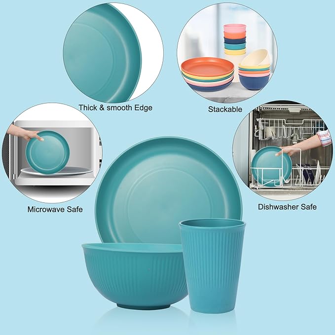 18pcs Wheat Straw Dinnerware Sets Unbreakable dish Set Reusable Plates Bowls and Cups Set dishes Dishwasher Microwave Safe for Kitchen Outdoor Travel Camping (Macron Color)