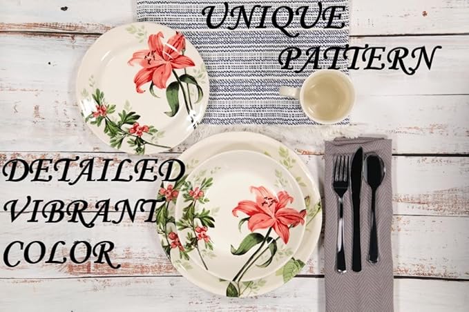 Tudor Royal 12-Piece Round Porcelain Dinnerware Set Service for 6 RosemarySummer Flowers Plates Bowls Dishes Glossy Premium Quality Dish Set Unique Pattern
