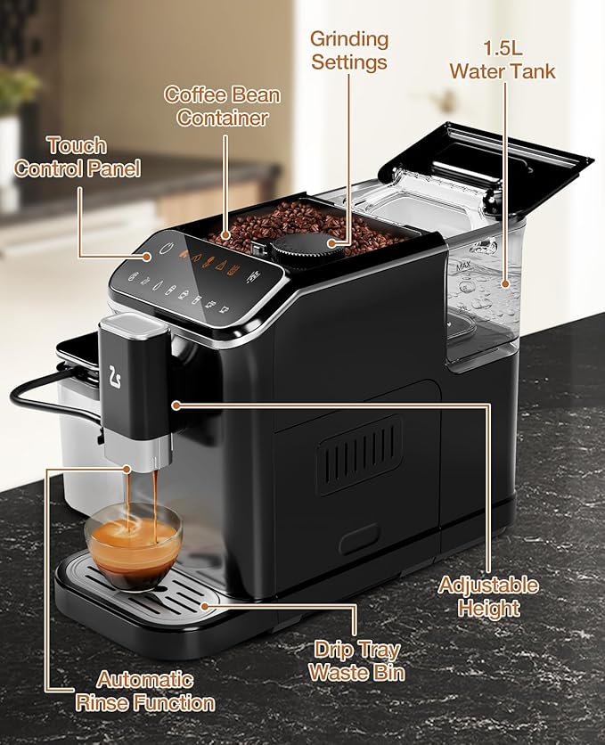 Fully Automatic Coffee Machine with Grinder &amp Milk Frother 20 Bar Espresso Maker with PID Precision Temp Control 5 One-Touch Drinks 1.5L Removable Tank – Touch Display Black