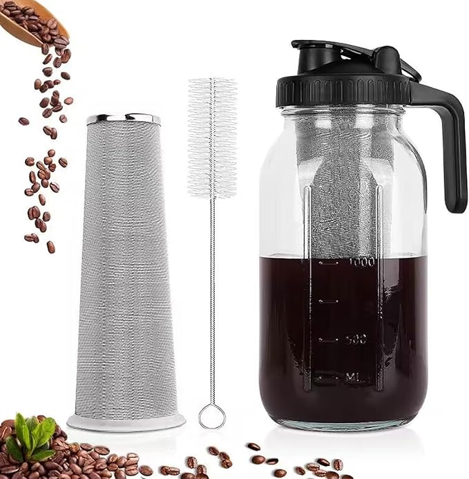 Fdit Cold Brew Coffee Maker Glass Pitcher with Stainless Steel Filter and Leakproof Spout Lid Iced Coffee Jar for Home Office Overnight Brewing Easy Pouring (2000ml)