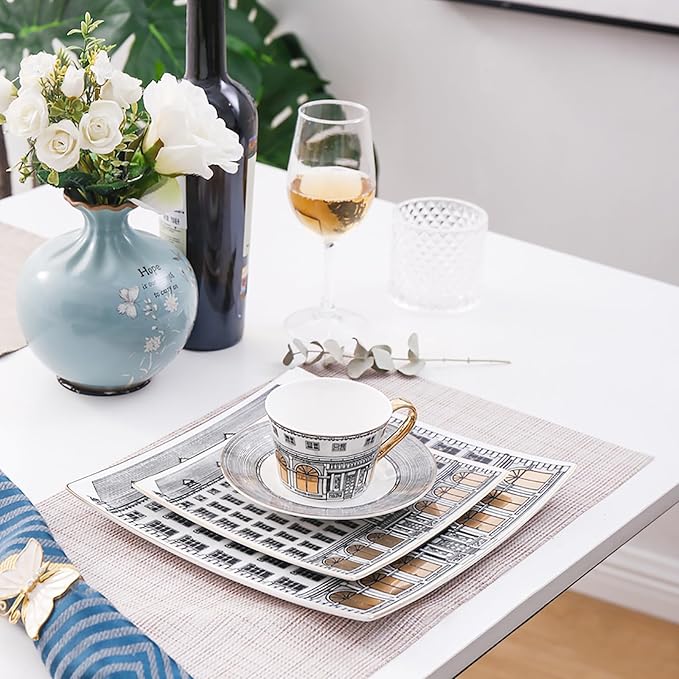 Square Art bone china dinnerware set Ceramic Square Shape Plates and Gold Handle Coffee Cup European style Home Dining &amp Entertaining