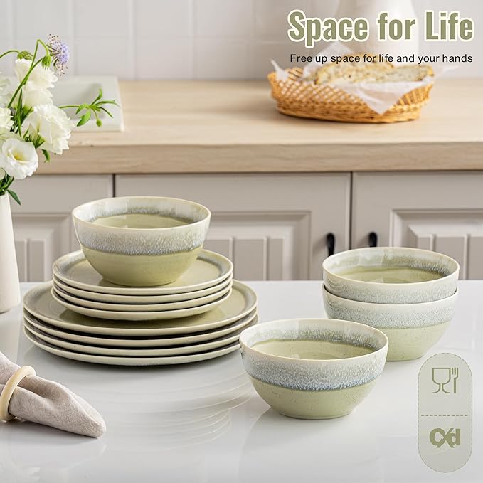 Plates and Bowls Sets 12 Pieces Grass Green Dinnerware Sets for Kitchen Reactive Glaze Dishes Set for 4 Dishwasher and Microwave Safe Series Starflecked Shore (Grass Green)