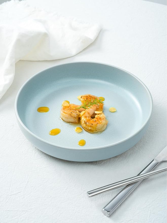 Famiware Milkyway Plates and Bowls Set 12 Pieces Dinnerware Sets and 4 Pieces Pasta Bowls Double Reactive Glaze Sturdy &amp Stackable Stoneware Dishes Set for 4 Light Blue