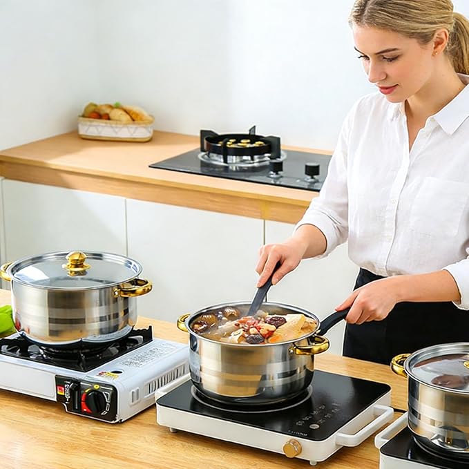 Stainless Steel Cookware Set - 10 Piece Cooking Gadgets Non Stick Kitchen Pots Durable Cookware | Soup Pasta Stew Camping for Soup Pasta Stew Camping