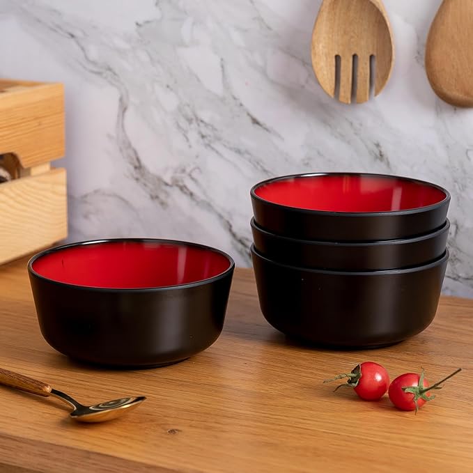 LEHAHA Melamine 12-Piece Modern Dinnerware Set Kitchen Plates and Bowls Sets Luxury 2 tone Red and Black Ceramic look Dish Set for 4.Christmas Luxury dinnerware dishes set.
