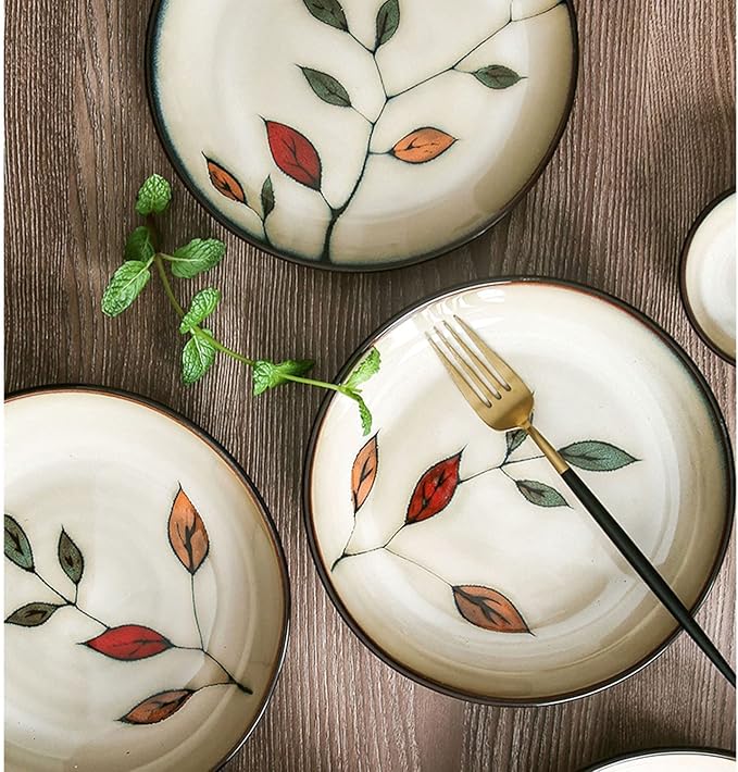 Stoneware Leaves Dinnerware Set 52 PieceCeramic Bowls and Plates SetMicrowave and Dishwasher Safe.