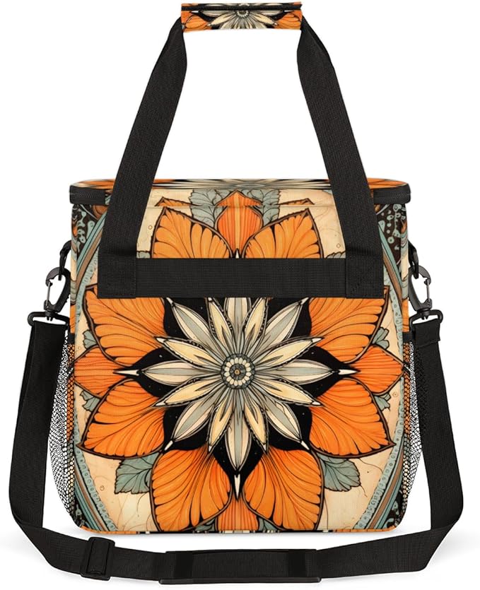 Retro Mandala Coffee Maker Carrying Bag Orange Mandala Travel Storage Bag Compatible with K-Mini or K-Mini Plus Single Serve Coffee Brewer Carrying Case with Multiple Pockets &amp Shoulder Strap
