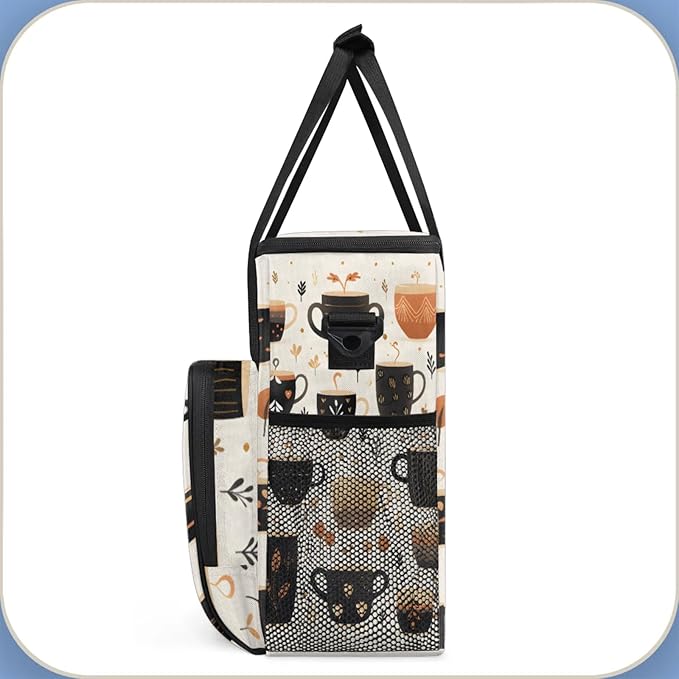 Coffee Cup Print Coffee Maker Travel Bag for Keurig K-Mini/K-Mini Plus Insulated Waterproof Tote with Pockets Portable Single-Serve Brewer Case