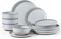 Vesteel 12-Piece Dinnerware Set Ceramic Plates and Bowls Set for 4 Reactive Glaze Tableware Set with Purple Clay Base for Home Chip &amp Scratch Resistant Stoneware Moonlight White