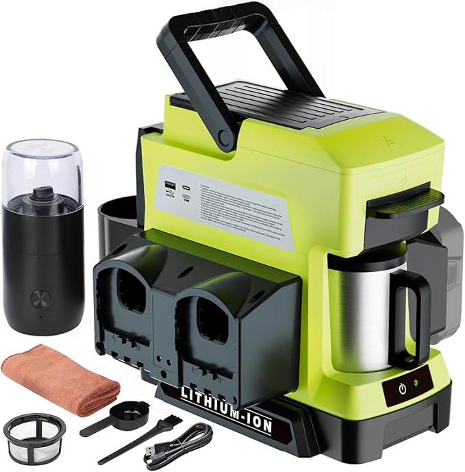 Cordless Coffee Maker for Ryobi 18V Battery 3 Brewing Options Drip Coffee Maker with Coffee Grinder Portable Single Serve Coffee Makers for Camping Travel and Jobsite. (Tool Only)
