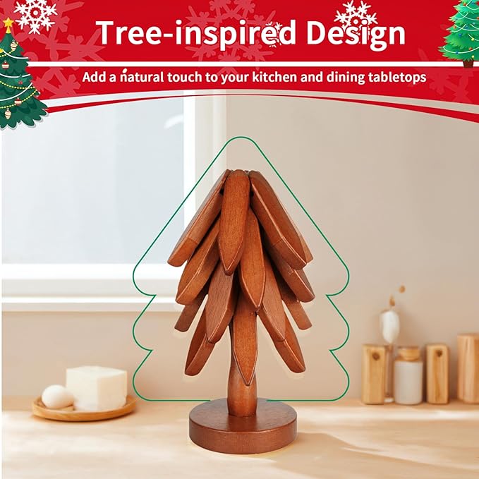 Wooden Trivets for Hot Dishes Tree Shape Trivet Set Foldable Kitchen Wooden Trivets Tree Coaster for Hot Dishes、Pot、Bowl、teapot、hot Pot Holders (3 Piece-Walnut)
