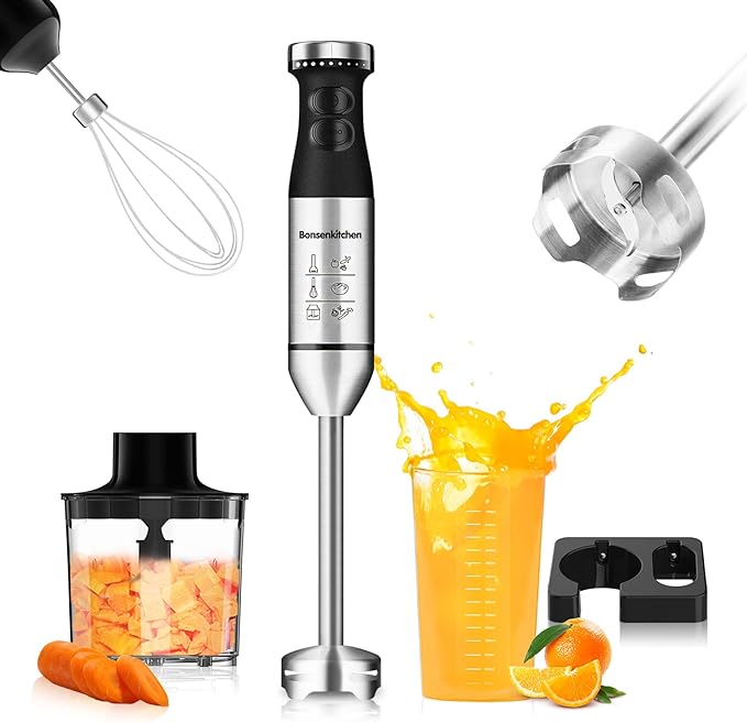 Immersion Handheld Blender Bonsenkitchen 9-Speed Stainless Steel Hand Blender Set with Wall Mounted Bracket Food Grinder Bowl Measuring Mug Egg Whisk for Smoothies Infant Food Sauces Puree
