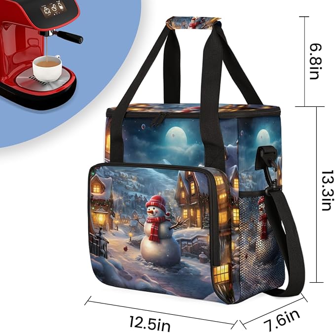 Xmas Snowman Coffee Maker Carrying Bag Dreamy Snowman Travel Storage Bag Compatible with K-Mini or K-Mini Plus Single Serve Coffee Brewer Carrying Case with Multiple Pockets &amp Shoulder Strap