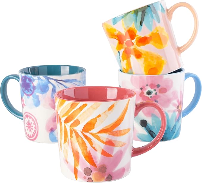 Spice by Tia Mowry Floral Garden 4 Piece Large 17OZ Decorated Porcelain Mug Set
