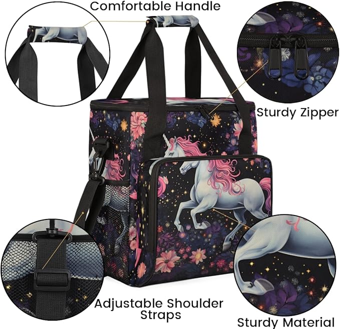 Lively Unicorn Coffee Maker Carrying Bag Flower Unicorn Travel Storage Bag Compatible with K-Mini or K-Mini Plus Single Serve Coffee Brewer Carrying Case with Multiple Pockets &amp Shoulder Strap