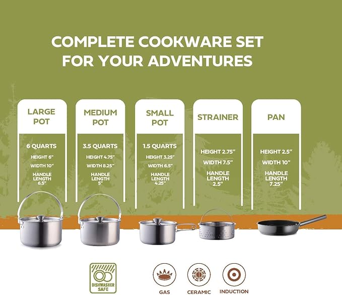Camping Cookware Set 304 Stainless Steel 8-Piece Pots &amp Pans Open Fire Cooking Kit | Frying Pan Steamer with Travel Tote Bag | Compact For Outdoors &amp Indoors Kitchen Campfire Hiking RV