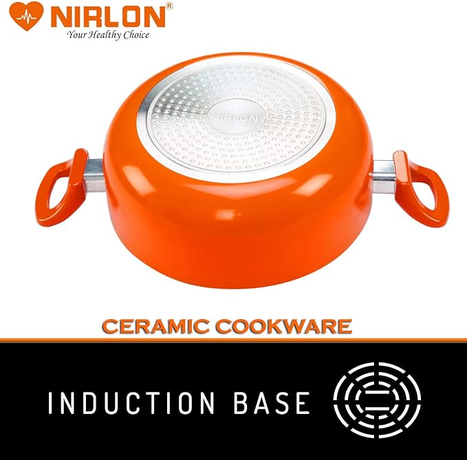NIRLON Non-Stick Induction Ceramic Casserole and Kadhai with Glass Lid - Set of 2 (Orange)