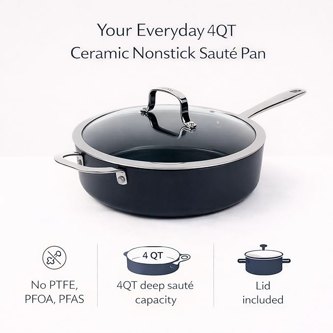 Alva Maestro 4QT Ceramic Nonstick Sauté Pan with Lid – Made With No PTFE PFOA PFAS Oven &amp Induction Safe to 400°F – Easy Clean Deep Sauté Pan for Family Meals Braising &amp One-Pot Cooking