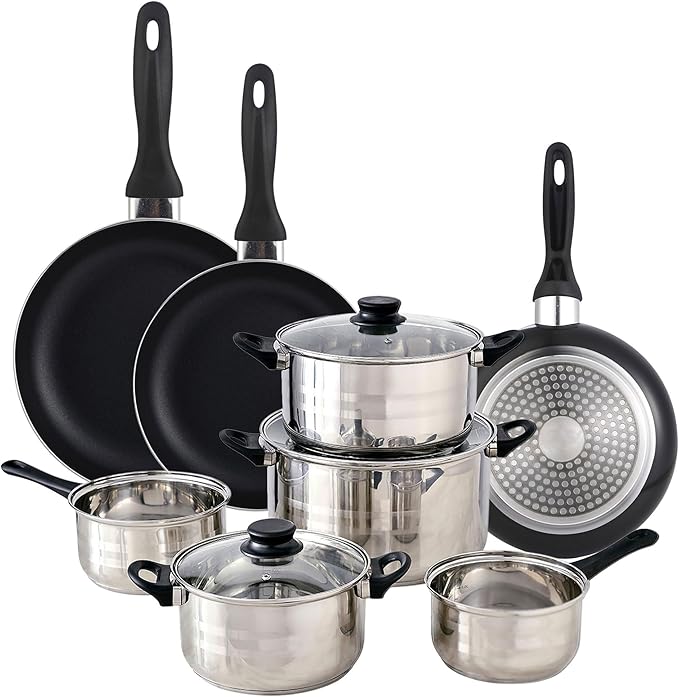 Well Home Set of 8pc Stainless Steel Cookware + 3 Frying Pans Ø16Ø20Ø24cm Black in Pressed Aluminium