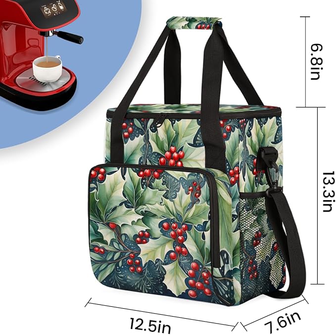 Holly Leaves Coffee Maker Carrying Bag Christmas Holly Travel Storage Bag Compatible with K-Mini or K-Mini Plus Single Serve Coffee Brewer Carrying Case with Multiple Pockets &amp Shoulder Strap