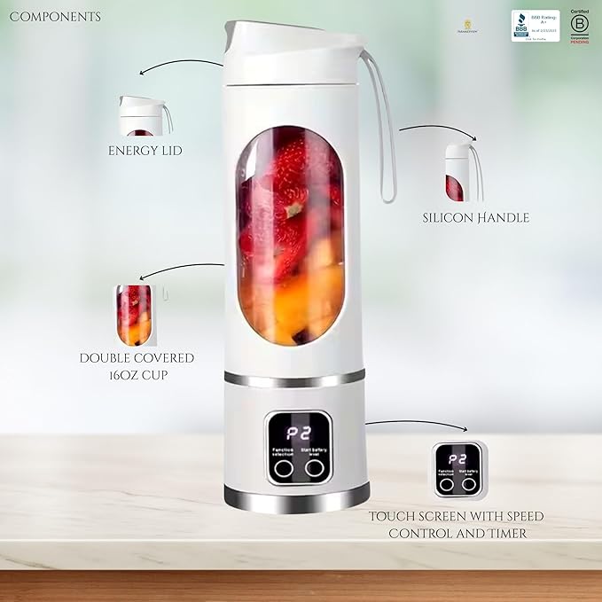 Paramexview® Portable Blender 16oz/500ml for Juices &amp Smoothies with 12 Stainless Steel Blades | USB Rechargable &amp 3 Levels Multi-Speed Control | 50W Powered fusion Portable Blender