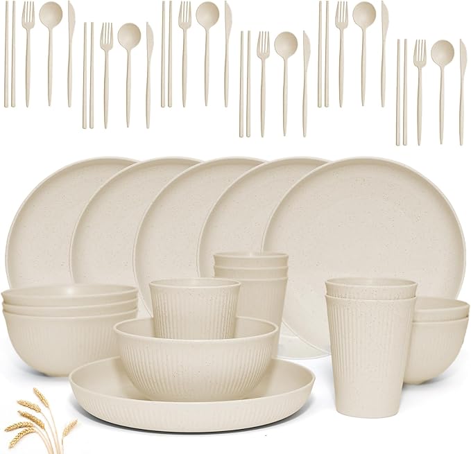 Wheat Straw Dinnerware Sets -DAPIPIK 42 Piece Unbreakable Dinnerware Sets for 6 Kitchen Plates and Bowls Set Lightweight Camping Plates Cups and Bowls Set.Dishwasher Microwave Safe Dinnerware