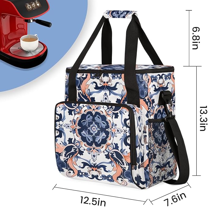 Botanic Flower Coffee Maker Carrying Bag Ethnic Floral Travel Storage Bag Compatible with K-Mini or K-Mini Plus Single Serve Coffee Brewer Carrying Case with Multiple Pockets &amp Shoulder Strap