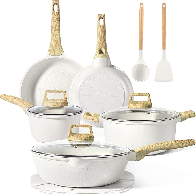 GiPP Pots and Pans Set Non Stick - 14 Pcs White Granite Kitchen Cookware Sets Nonstick Induction Cookware Cooking Pan Set with Frying Pans Saucepans and Silicone Utensils PFOS &amp PFOA Free