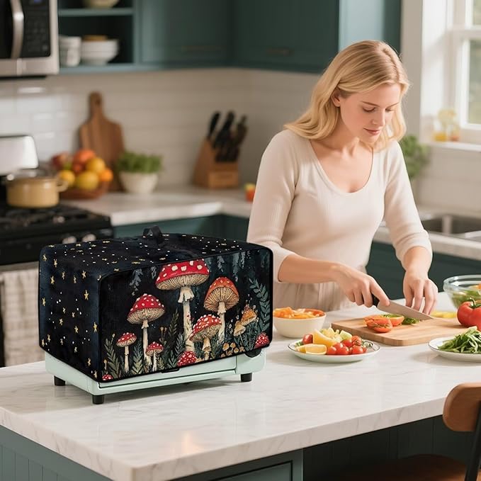 Doojoayie Black Toaster Cover 8 Slice Universal Fit Small Appliance Covers with Top Handle Design Mushroom Print Kitchen Decoration Gift for Mother Wife or Anyone Who Loves to Cook