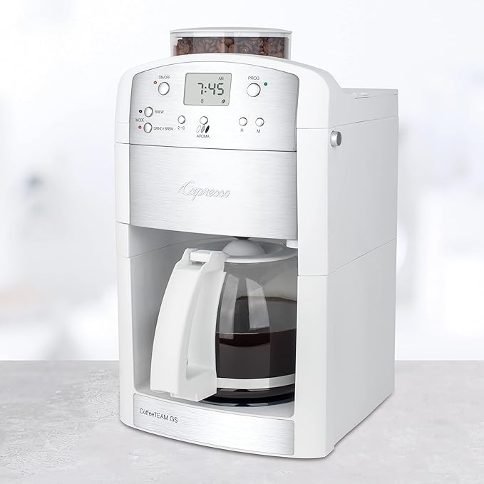 Capresso CoffeeTEAM GS 10-Cup Coffee Maker with Conical Burr Grinder Glass Carafe 464.02 White