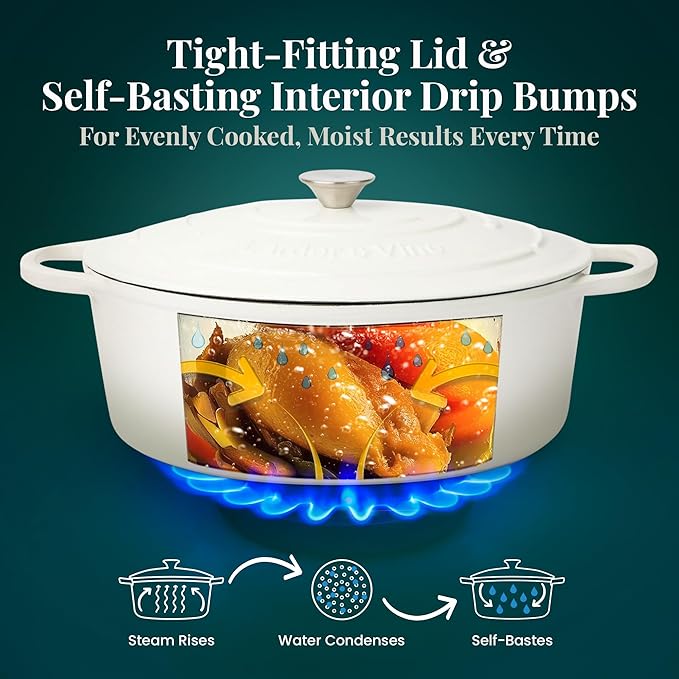 Larder &amp Vine Enameled Cast Iron 8 qt Dutch Oven Pot with Lid | Bread Baking | Compatible on All Cooktops &amp Oven Safe to 500° F | Great for Sourdough Bread | White